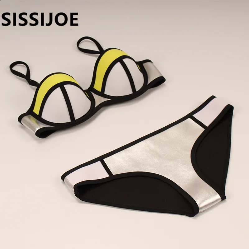 Женский купальник бикини с пуш апом золотого и серебряного цвета|womens neoprene bikini