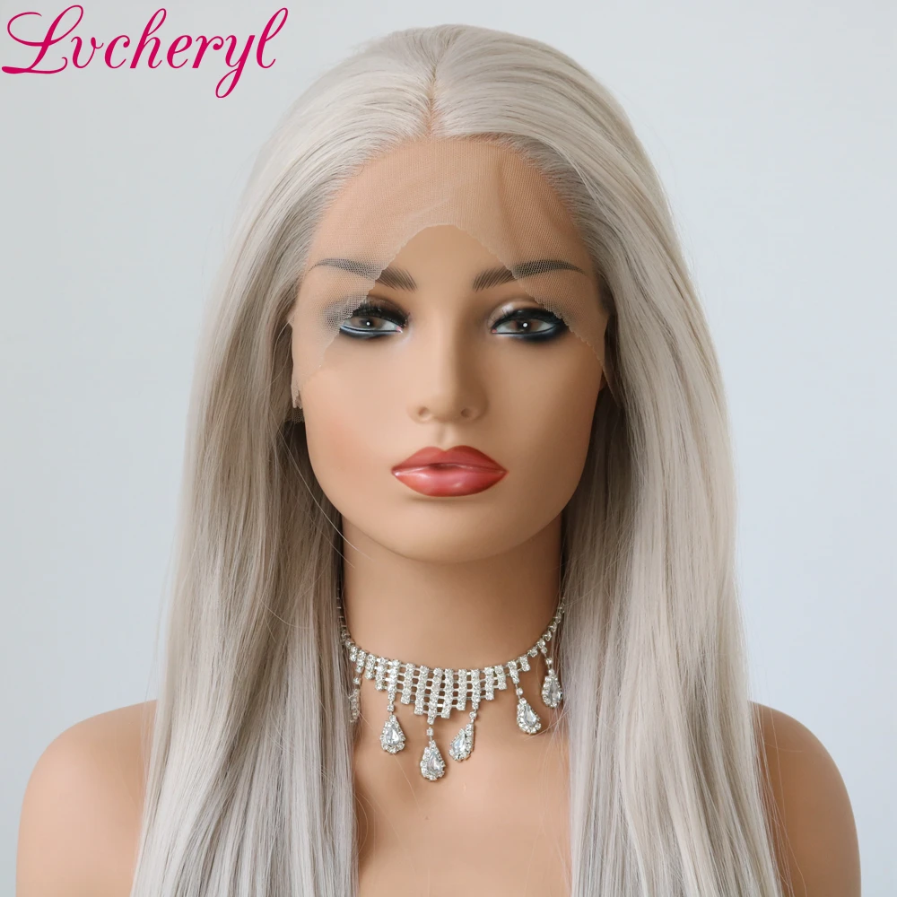Lvcheryl ручная вязка новые Платиновые серые длинные Натуральные Прямые высокой плотности Мягкие термостойкие синтетические парики на кружеве для женщин