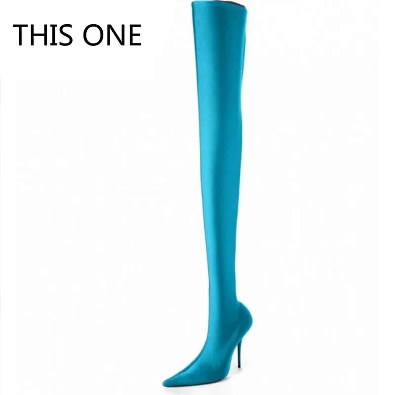 

THIS ONE 2020 Summer Sexy Thigh High Boots Satin Stretch Elastic Over The Knee Sky blue Slim High Heels Long Boots Women Shoes
