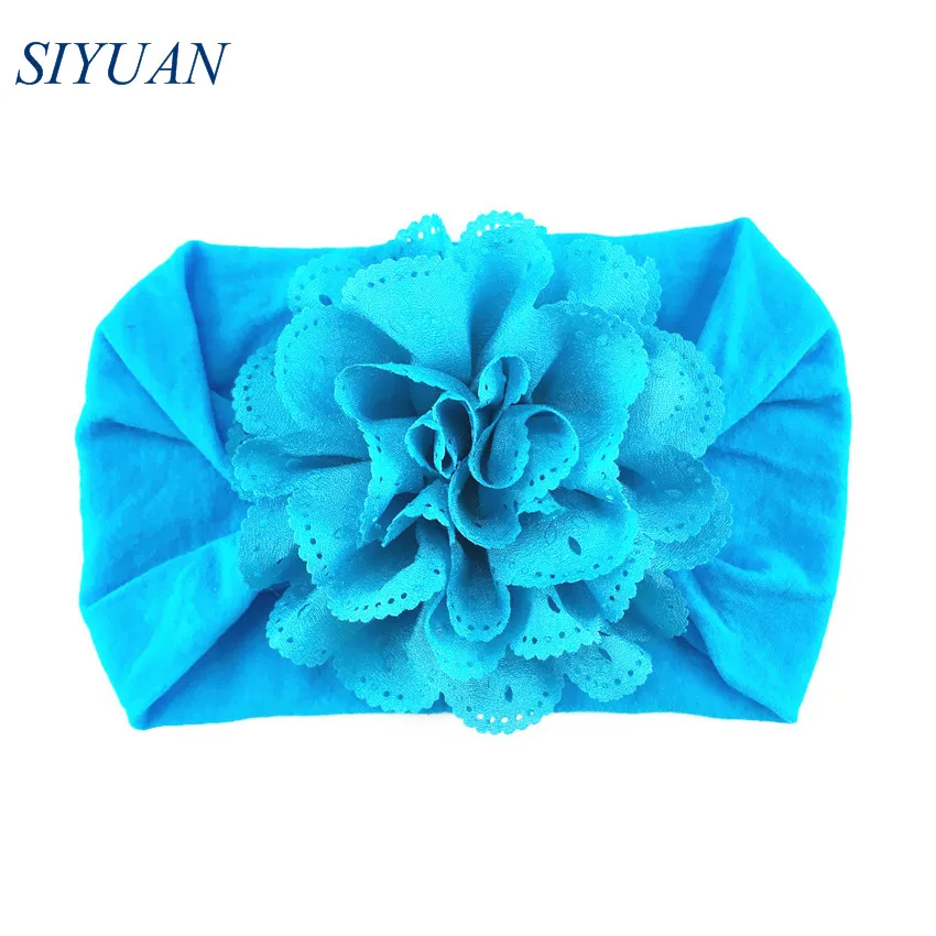 20pcs/lot You Pick Color Wide Nylon Elastic Headband with 3'' Eyelet Chiffon Fabric Flower DIY Hair Accessories For Party HB082 |