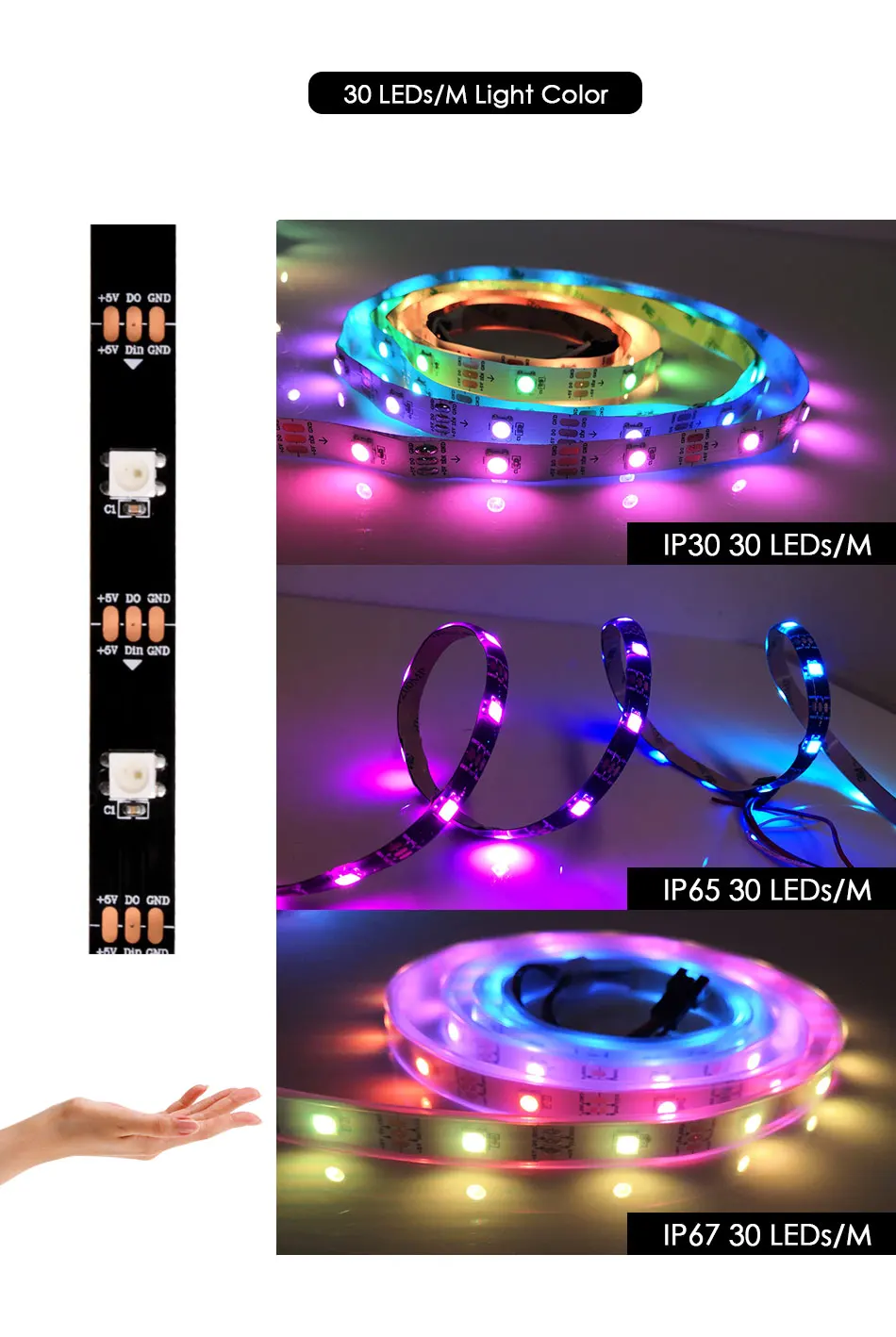 DC 5V WS2812B Светодиодные ленты RGB 50 см, 1 м, 2 м, 3M 4M 5M умный прибор приемно-пикселей чёрно-белые печатные платы WS2812 IC 30/60/144 светодиодный s 17Key бар