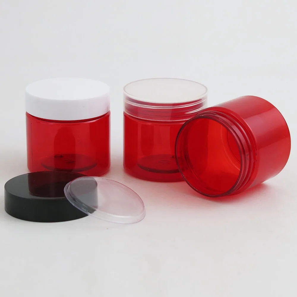 

50 X 60g Refillable Travel Red PET Cream Bottle Jars 2oz Cosmetic Packaging with Plastic lids White Black Clear Cap