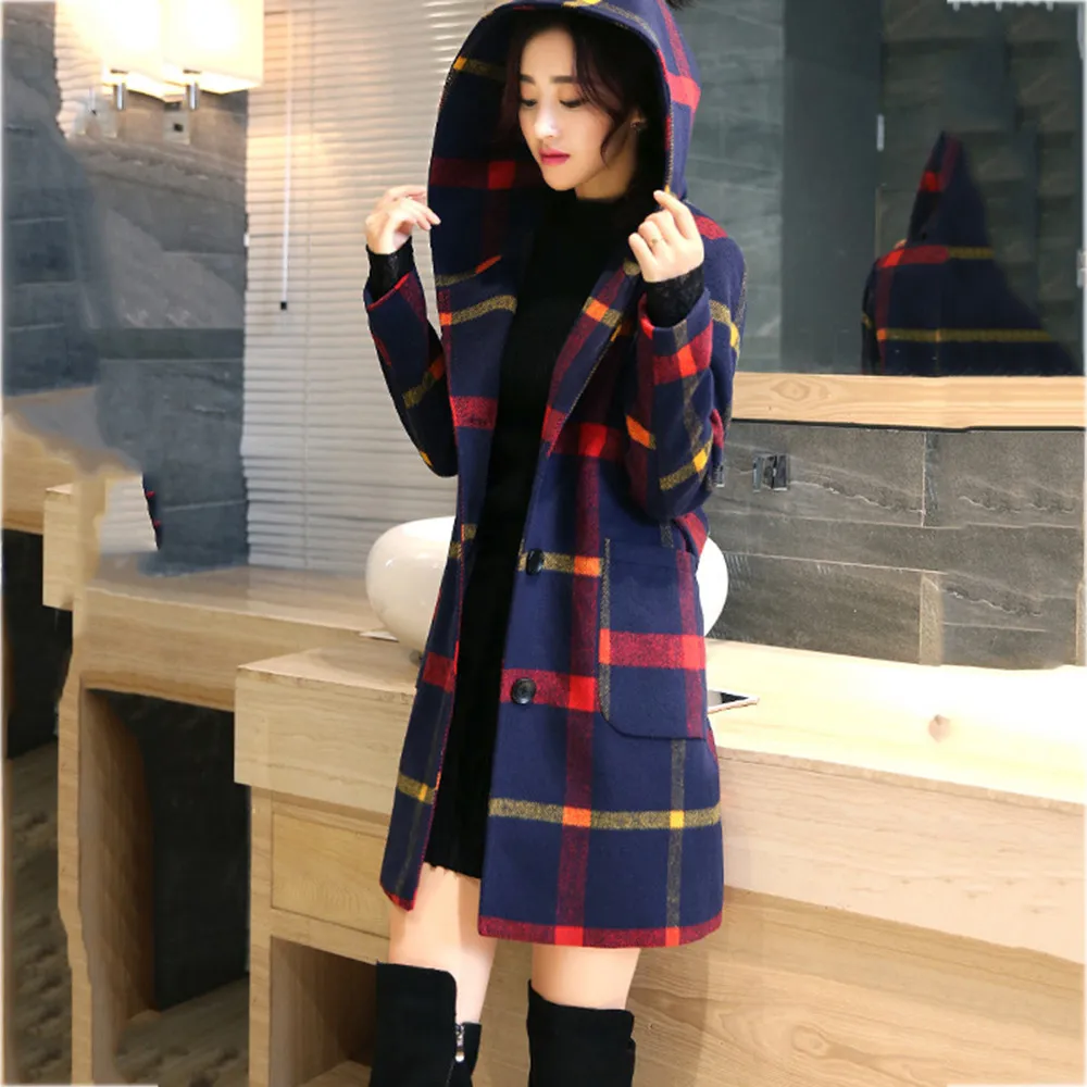 Женская модная клетчатая куртка на пуговицах с длинным рукавом и капюшоном