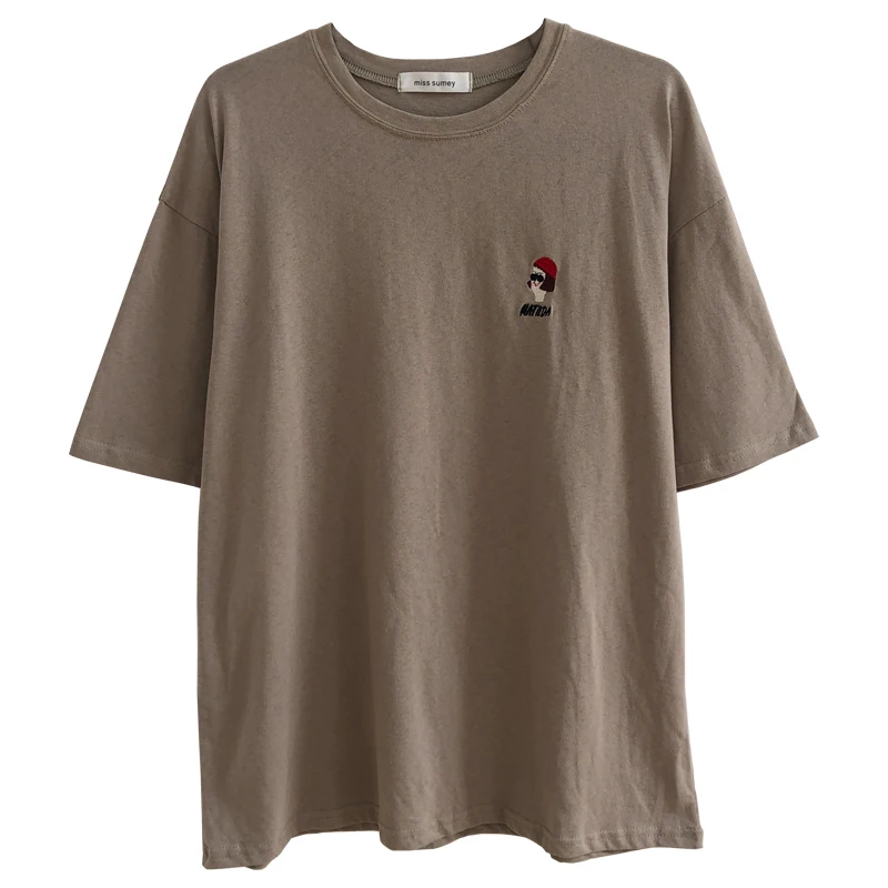 3 colors 2019 spring and summer basic loose cartoon letter embroidery o neck short sleeve t-shirts womens tee shirt femme (X217) | Женская