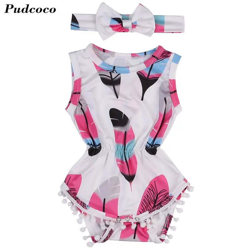 Новинка лета 2019 Одежда для новорожденных девочек без рукавов с принтом перьев