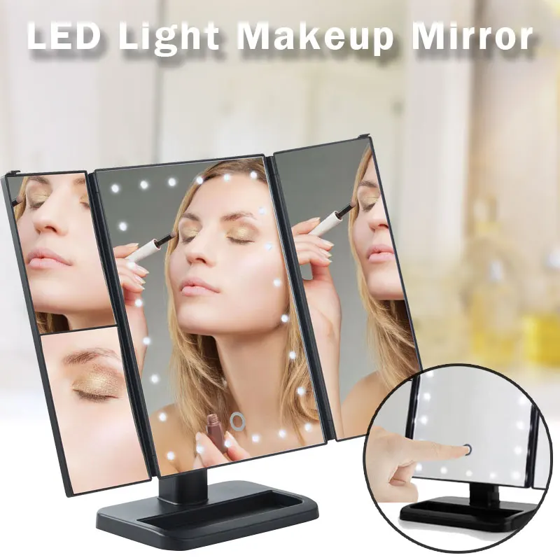 LED Touch Screen 22 Light Makeup Table Desktop Makeup Magnifying Mirrors Vanity 3 Folding Adjustable Tabletop Cosmetic Mirror