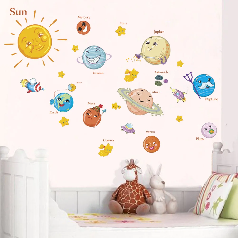 

Solar System Cartoon wall stickers for kids rooms Stars outer space planets Earth Sun Saturn Mars poster Mural school decor