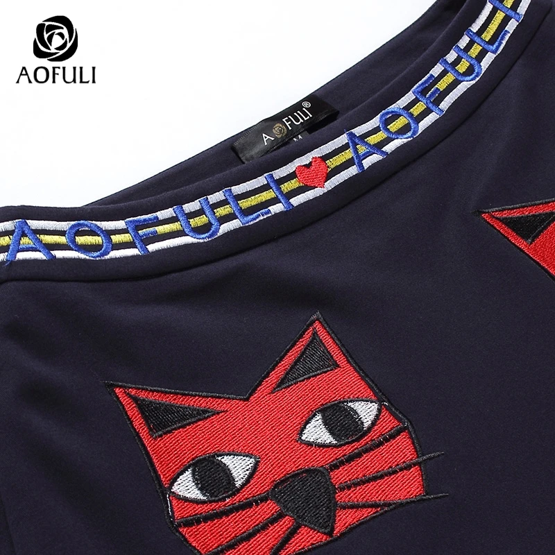 AOFULI M 3XL 4XL 5XL Милая юбка с вышивкой в виде кошек женская зимняя короткая больших