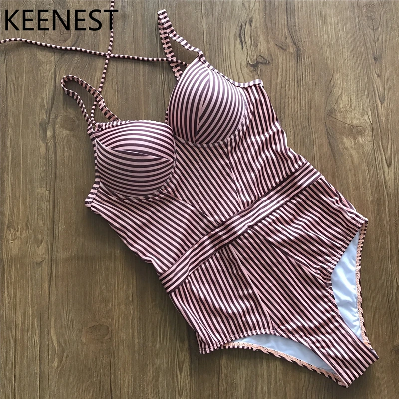 KEENEST 2018 пуш ап Полосатый Цельный купальник женский с лямкой на шее купальный