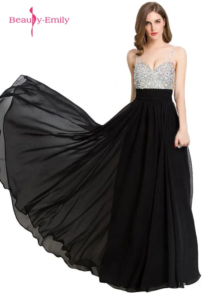 

V-neck Sleeveless Black Long Chiffon Evening Dresses Luxurious Beaded Open Back Floor-Length Formal Dress Many Colors Available