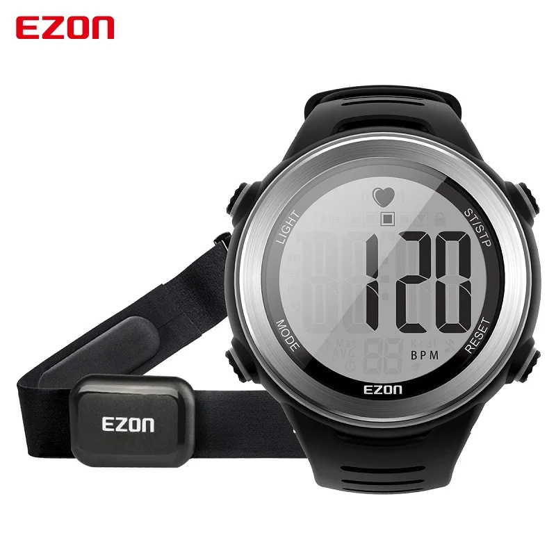 Черный Мужские спортивные цифровые часы EZON, женские часы с монитором сердечного ритма для бега, плавания, будильника, секундомер, спортивные наручные часы T007 - Цвет: Черный