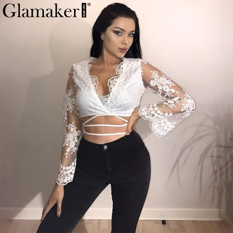 Женская блузка с цветочной вышивкой Glamaker элегантная Прозрачная кружевная v