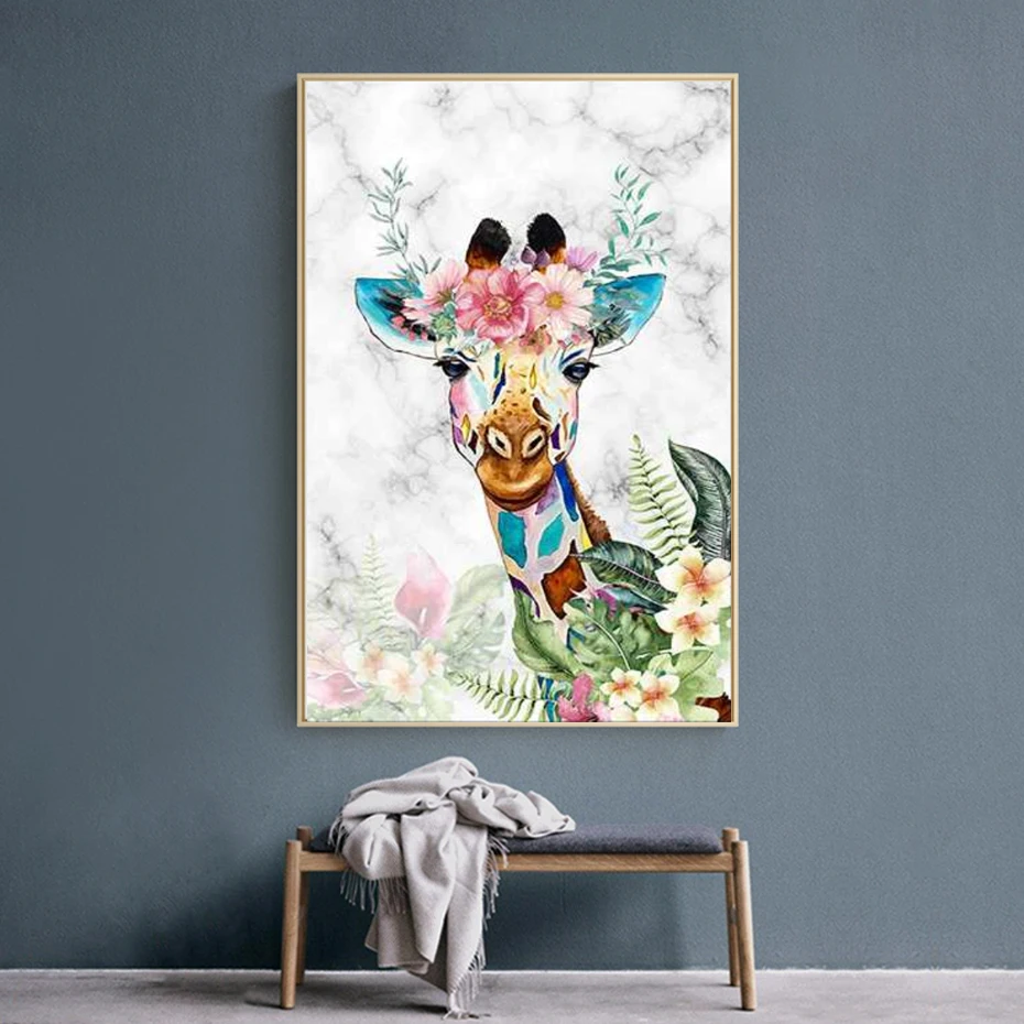 Современный минималистский свежие цветы Жираф Wall Art рисунки, панно, картины хорошее Животные принты Плакаты Гостиная домашний декор