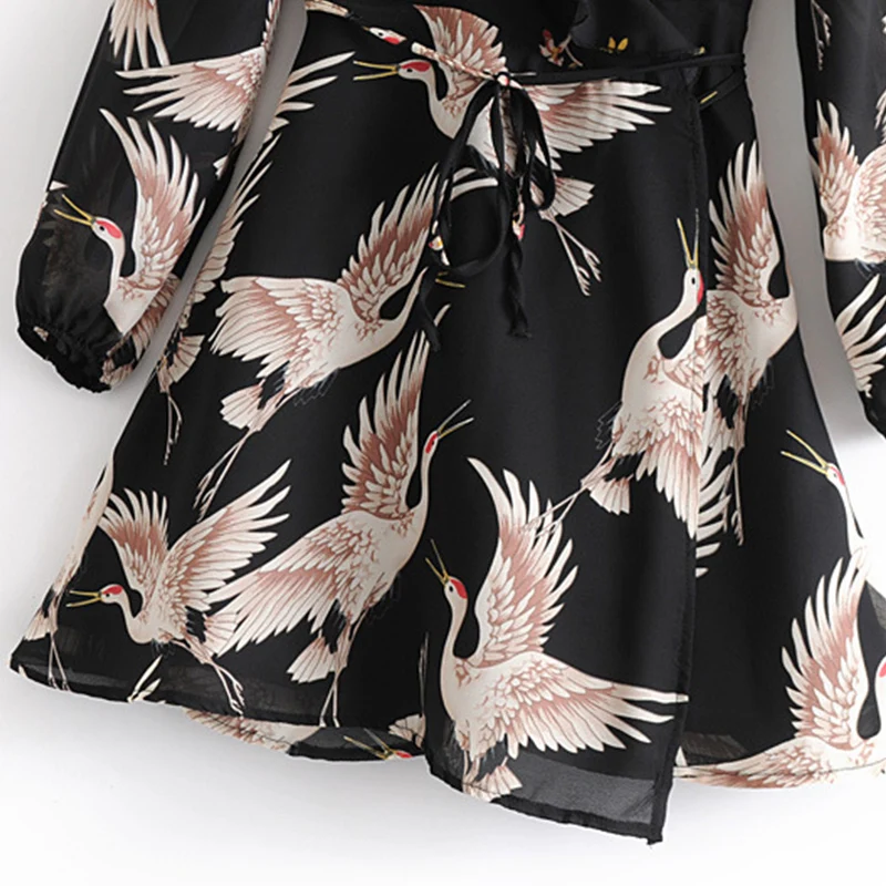 ЛИВА девушка Для женщин цветок кран Print Maxi Wrap Dress Длинные рукава Винтаж Птица узор