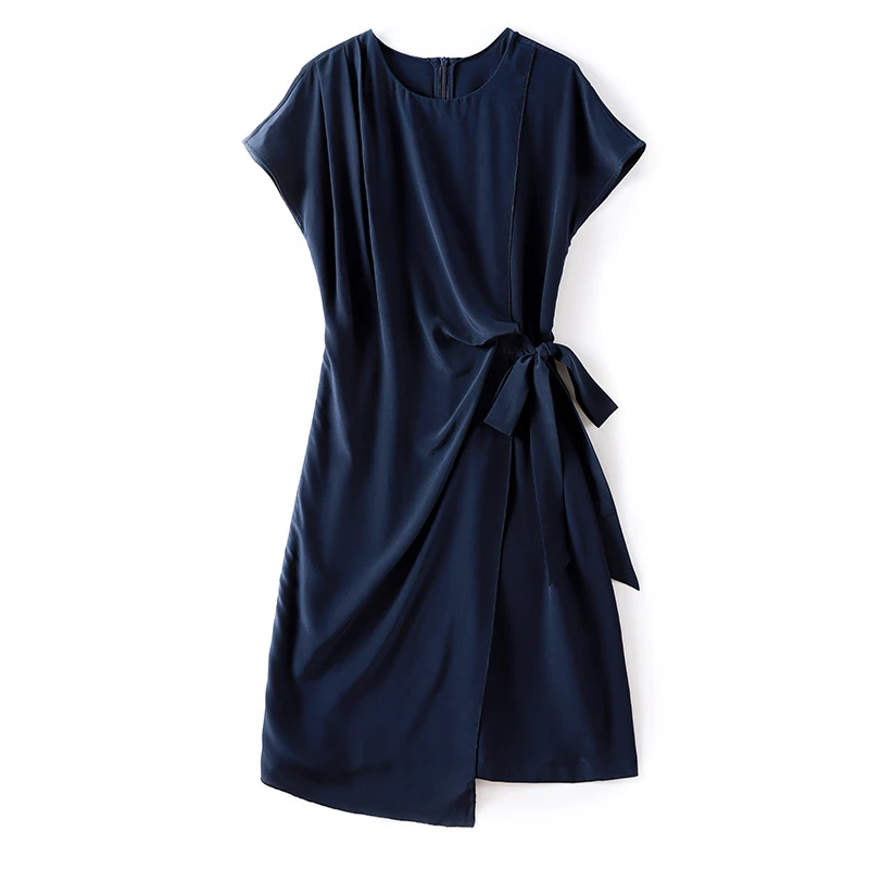 

2020 New Arrival Spring Summer 100% Real Silk Dress O-Neck Elegant Slim Dress with Belt Navy Blue
