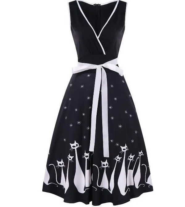 Audrey Hepburn 1960s Party Dress Sexy V Neck Sleeveless Belts Women Retro Cat Print Rockabilly Swing Vestidos Robe | Женская одежда
