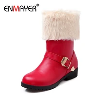 enmayer slip on platform boots flat with winter rubber mid calf snow boots round toe med solid short plush shoes woman pu red