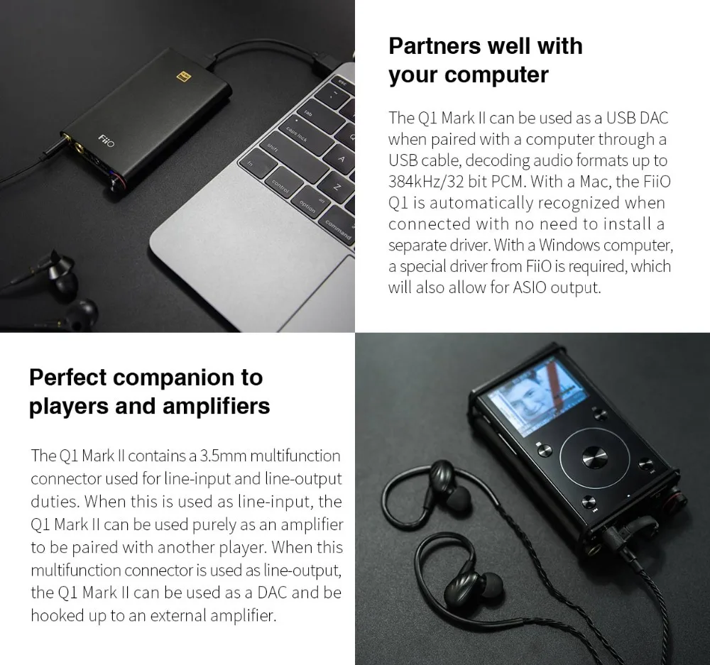 Fiio Q1 Mark II Hi-Res аудио nent DAC DSD усилитель для наушников XMOS 384 кГц/32 бит для Iphone/iPad/PC AK4452 Q1II