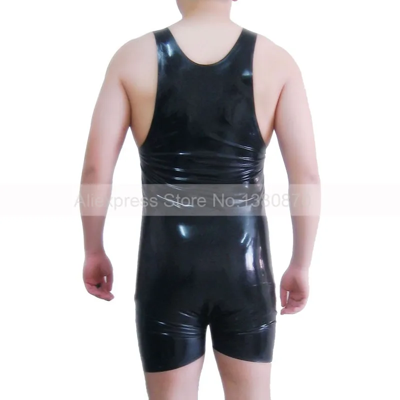 

Rubber Latex Male Catsuit Neck In No Zip Sleeveless Bodysuit with Side Strips S-LCM066