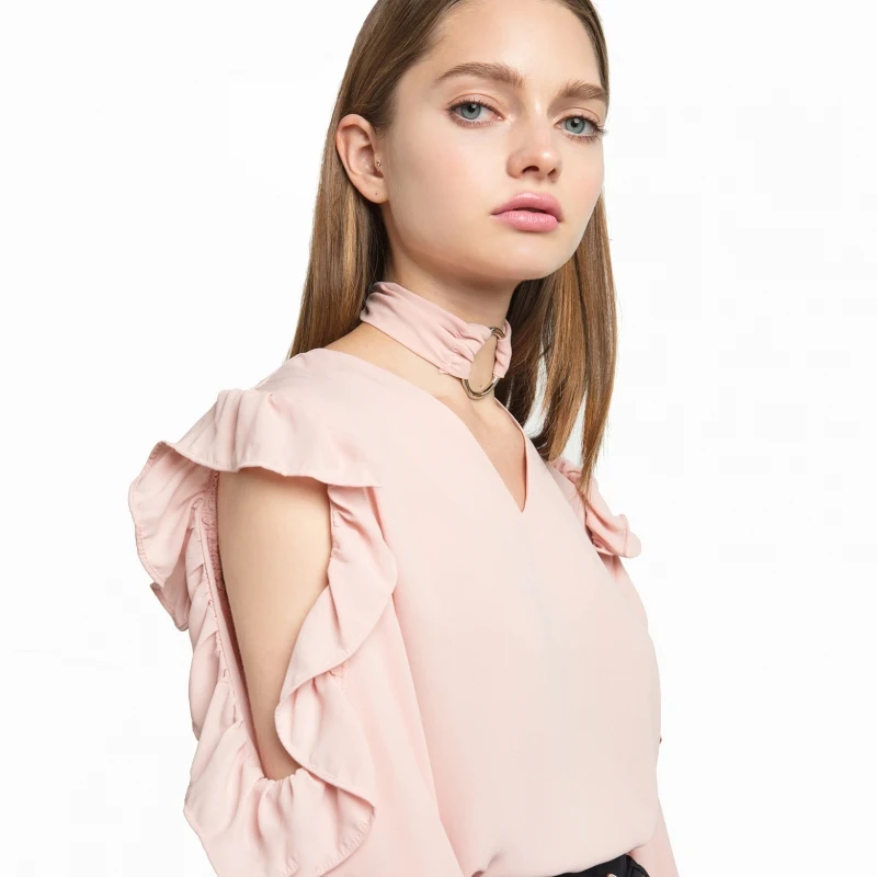 HDY Haoduoyi Для женщин Сладкий рюшами жабо Cold Shoulder Top Chocker круглым вырезом Шифоновая