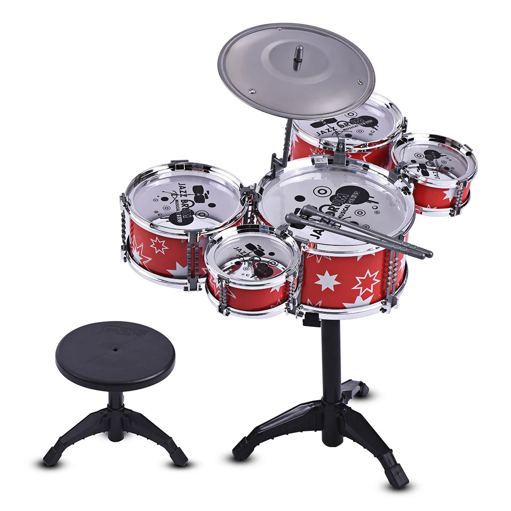 

Children Drum Set Kids Jazz Drum Musical Instrument Toy 5 Drums + 1 Cymbal with Small Stool Drum Sticks