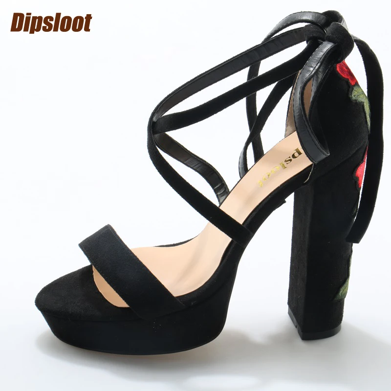 2018 Newest Faux Black Suede Leather Women High Platform Sandals Sexy Open Toe Ladies Lace Up Flowers Chunky Heel Dress Shoes | Обувь