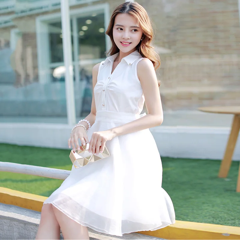 Бальное платье без рукавов женское летнее 2017 модное из органзы с воротником и