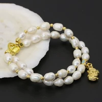 original design charms 7 8mm white natural freshwater cultured barrel rice pearl two rows clasp bracelets jewelry 8inch b2759