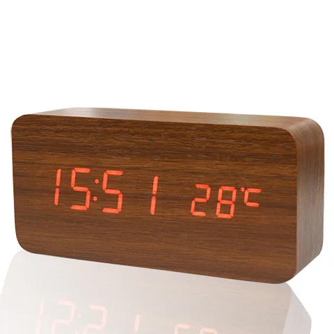 Деревянный светодиодный Будильник, электронные настольные цифровые часы с датчиком температуры и календарем, с LED дисплесветодиодный и подключением к USB