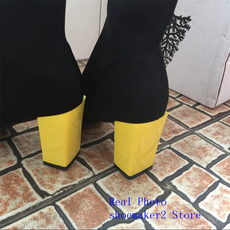2019 г. Черный тянущийся носок сапоги женская обувь с квадратным носком желтый