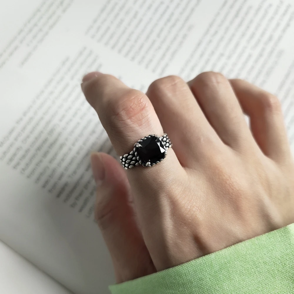 

Geometric Square Black CZ Stone Solitaire Cubic Zircon Dot Stackable Wide Open Rings Vintage Fine 925 Pure Silver Finger Rings