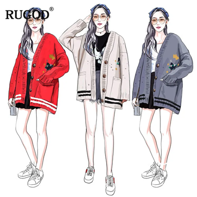Женский вязаный кардиган RUGOD Однотонный свитер с длинными рукавами и мультяшным