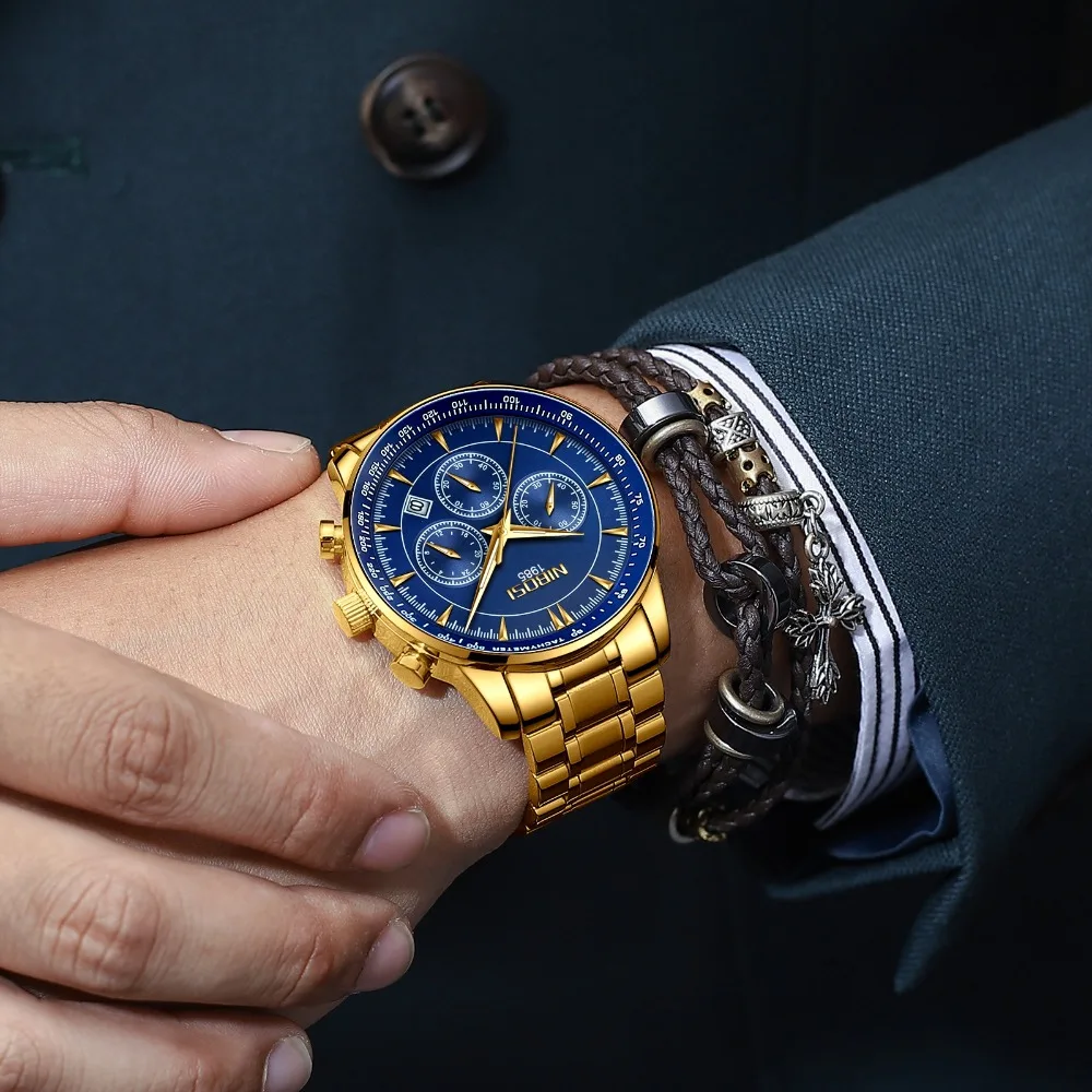 

NIBOSI Brand Gold Blue Men's Watch Stainless Steel Military Waterproof Mens Watches Top Brand Luxury Chronograph Quartz Watches
