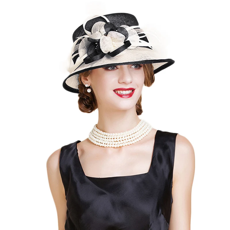 British Sinamay Wedding Hat For Woman Church Flower Wide Brim Blue White Linen Fedoras Elegant 2019 Women Kentucky Derby Hat