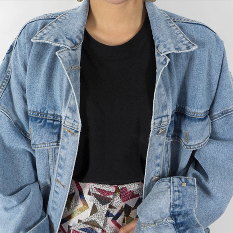 2018 весенне осенняя Свободная джинсовая куртка с вышивкой Новые повседневные