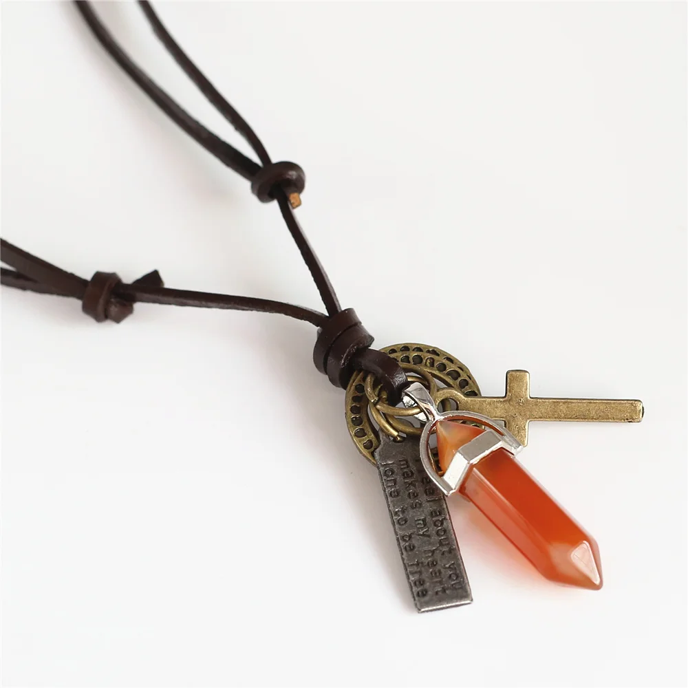 

Hot Punk Vintage Brown Leather Rope Chain Red Natural Stone Alloy Hoops Cross Pendant Women Men Necklace Femme Homme Jewelry