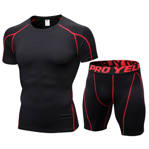 black with red Yuerlian/сжатия мышц Для мужчин костюм Demix Бег комплект Фитнес Tight футболка леггинсы Шорты для женщин Для мужчин спортивной гимнастикой спортивный костюм - Цвет: black with red