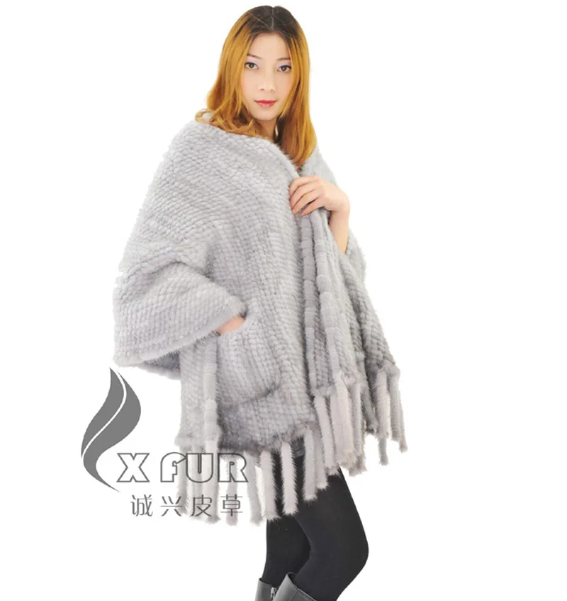 Женская Вязаная Шаль из натурального меха норки с бахромой и карманами большой