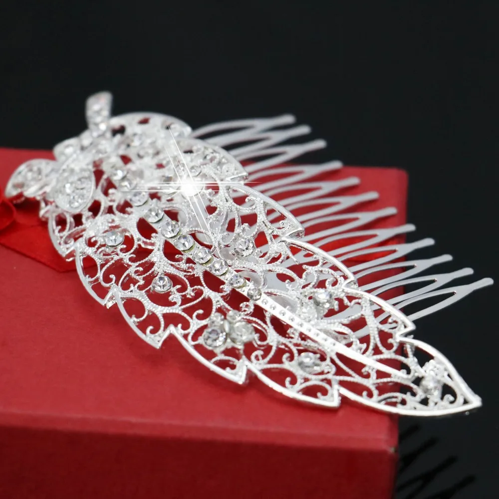 Trendy Hairwear Flower Crystal Wedding Tiara Handmade Silver Plated Leaf Bridal Hair Comb Fashion Jewelry Accessories Ornaments | Украшения