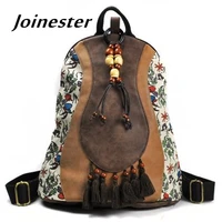 girls ethnic trend floral print pu casual backpack with wooden beading and tassels college style vintage schoolbag travel bag