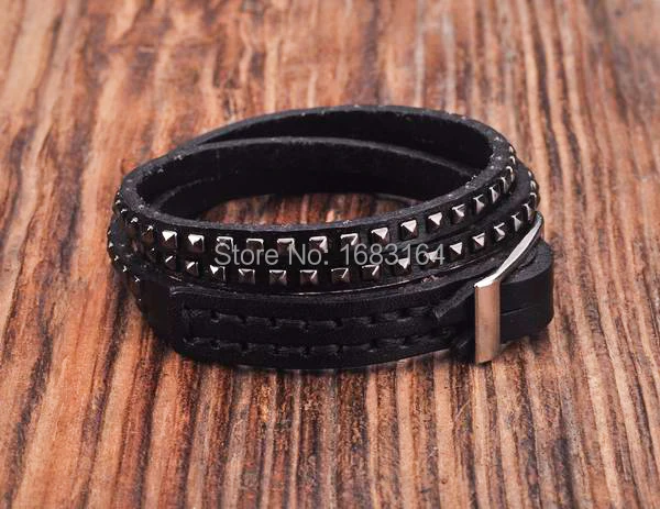 Black Double Wrap Leather Wristbands Bracelet Cuff Punk Lined &ampStudded New Mens | Украшения и аксессуары
