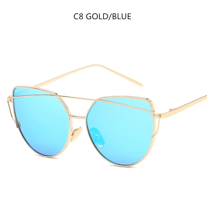 Gold Blue Новая мода кошачий глаз солнцезащитные очки для женщин Роскошные брендовые дизайнерские зеркальные линзы Винтажные Солнцезащитные очки розовое золото металл UV400 oculos - Цвет линз: Gold Blue