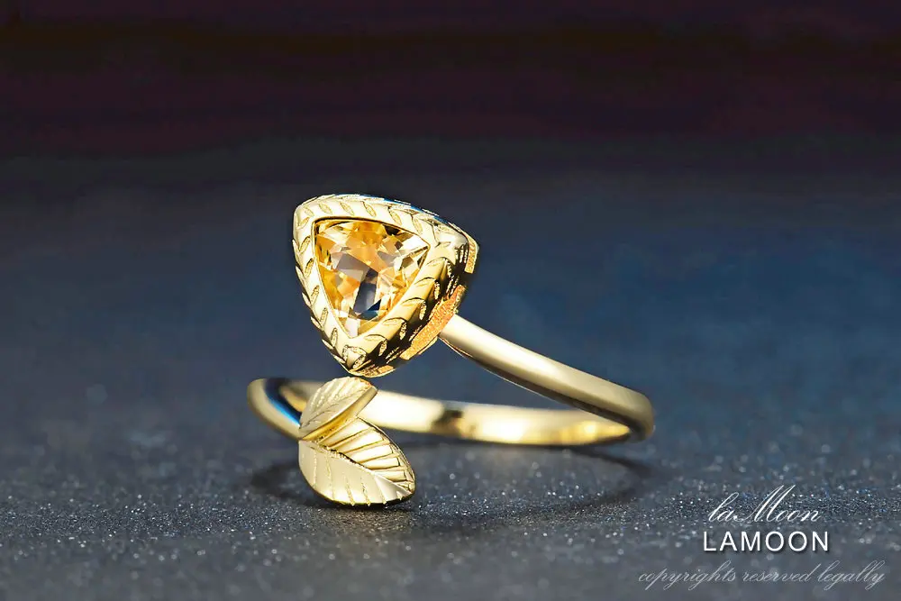 LAMOON 6 мм 2.4ct натуральный треугольник цитрин регулируемое кольцо 925 пробы серебро натуральный драгоценный камень ювелирные изделия для женщин LMRI034