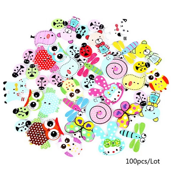 Animal Serise 100pcs 70-100 шт Смешанные Мультяшные животные 2 отверстия деревянные пуговицы для шитья Ремесло Скрапбукинг для детей/одежда/сумки/шляпы - Цвет: Animal Serise 100pcs