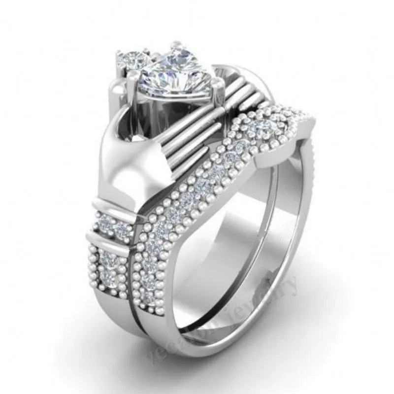 Vecalon любителей роскоши claddagh кольцо 1ct 5A Циркон 5A Циркон Cz белый Золотое покрытие Обручение обручальное кольцо набор для женщин мужские