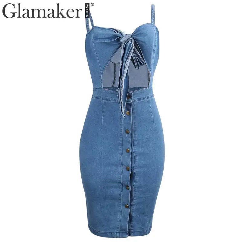Glamaker, джинсовое, тонкое, с вырезом, миди, сексуальное платье, для женщин, летнее, с бантом, элегантное платье для вечеринки, женское, длинное, с открытой спиной, облегающее, джинсовое платье