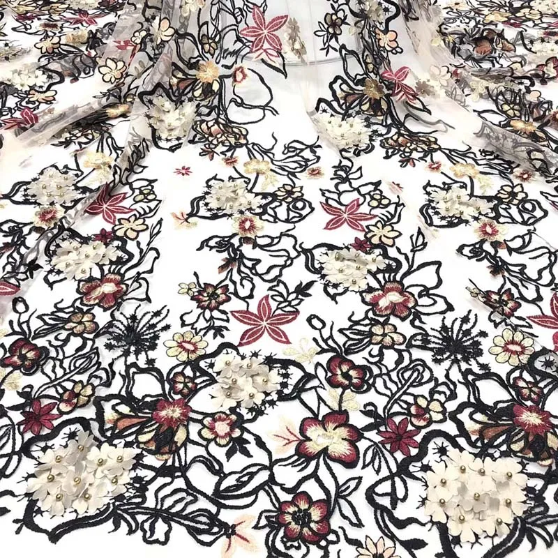 2019 африканский кружево ткань и 3D цветок из бисера многоцветный Тюлевое с