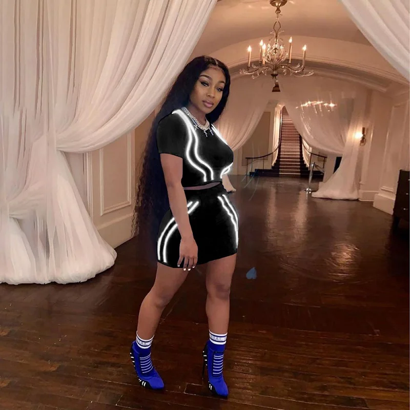 Chicology reflective stripe top mini skirt women matching 2 two piece set summer female sexy co ord clothes festival outfit