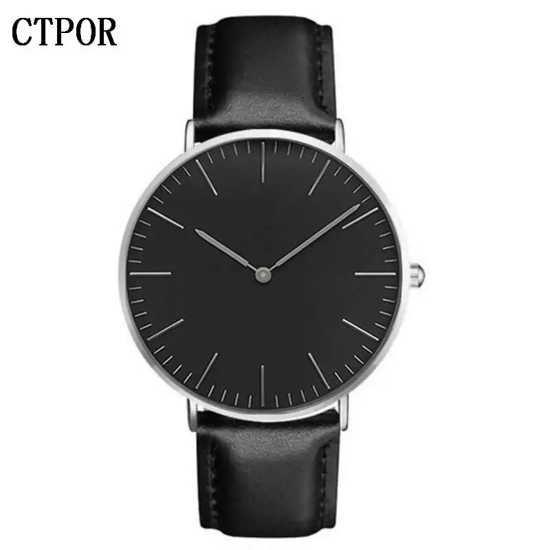 black silver Ультра-тонкие мужские часы, простой стиль, мужские часы, черная кожа, мужские наручные часы, водонепроницаемые мужские часы, люксовый бренд CTPOR Relogio - Цвет: black silver