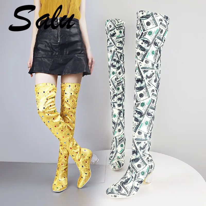 

Salu 2020 Fashion Crystal Stretch Fabric Sock Boots Pointy Toe Over-the-Knee Heel Thigh High Pointed Toe Woman Boots